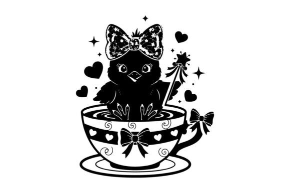 Adorable Silhouette Cat in Decorative Te Graphics