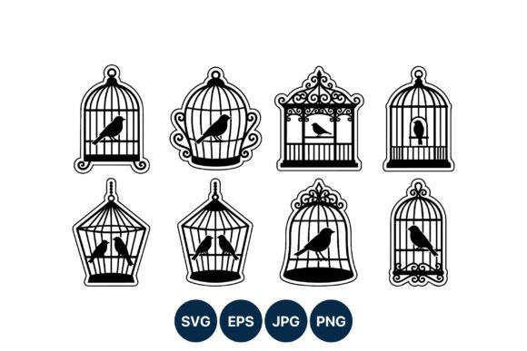 Birds in Decorative Cage Silhouettes: Graphics and Illustrations