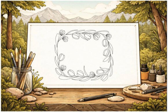 Decorative Tulip Border Line Art Graphics